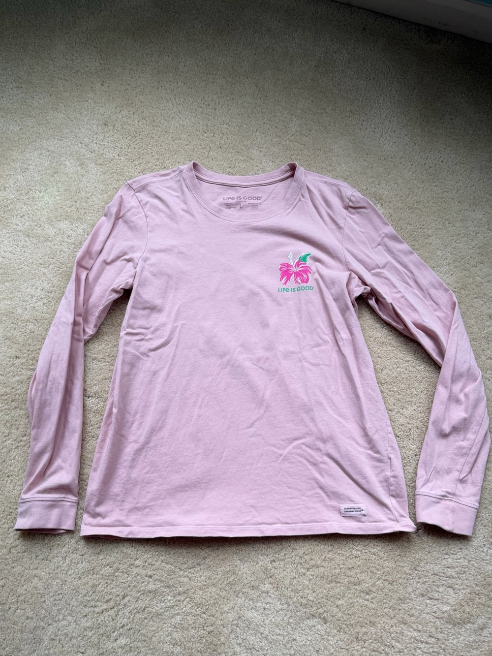 Life Is Good Women’s Pink “Hibiscis” Long Sleeve Tee - Sz L - EUC - 100% Cotton